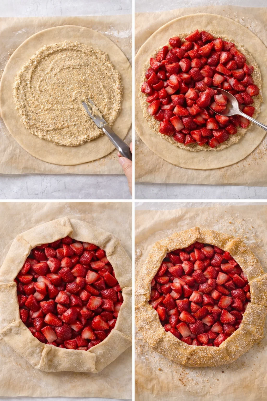 step-process-placeholder-9-12.png Financier spread over dough with halved strawberries arranged, crust edges folded and sprinkled with coarse sugar