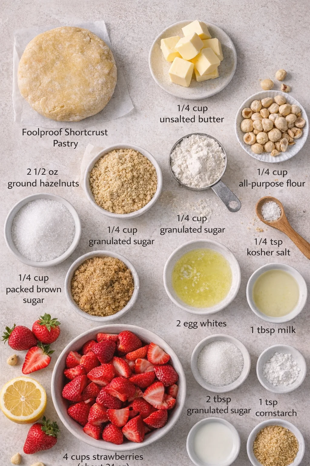 ingredients-placeholder.png Measured ingredients arranged for Hazelnut and Strawberry Galette: 1 batch Foolproof Shortcrust Pastry, ¼ cup unsalted butter, 2 ½ oz (about ½ cup) ground hazelnuts (hazelnut meal or hazelnut flour — see note), ¼ cup all
