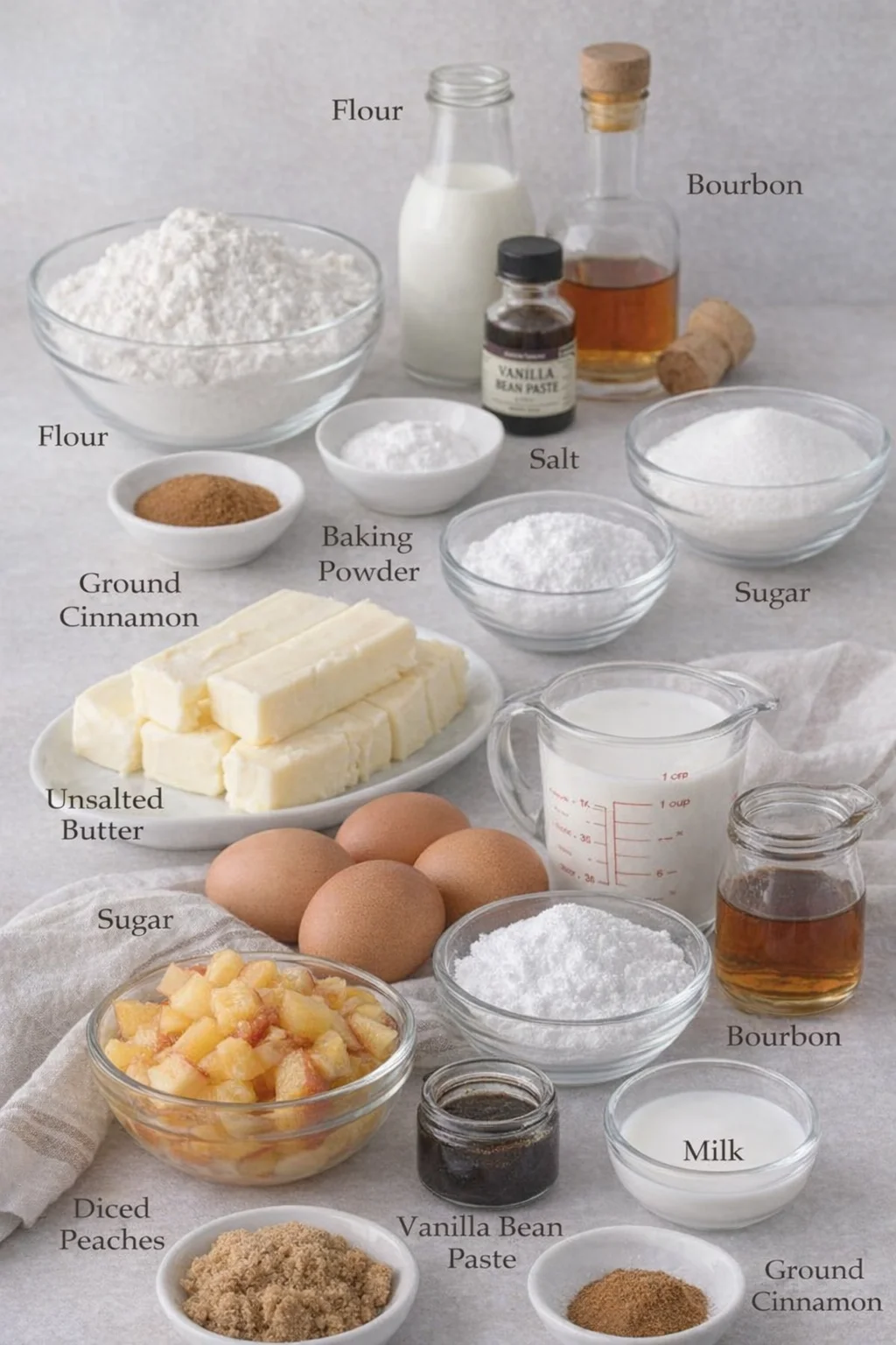 Measured ingredients arranged for Peach Cobbler Pound Cake with Bourbon Glaze: Flour - Holds everything together and adds moisture. I go with regular all-purpose flour here., Ground Cinnamon - Brings warm, spicy flavor.,