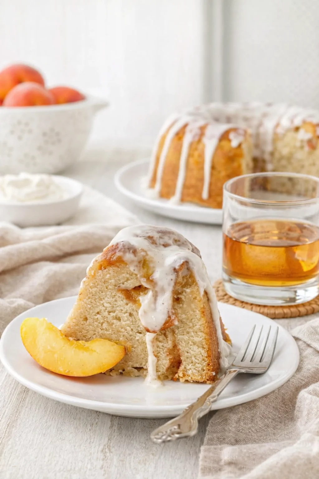 Alternative angle of Peach Cobbler Pound Cake with Bourbon Glaze served with a pairing