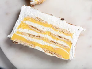 Overhead angle of Lemon Meringue Icebox cake on a marble plate