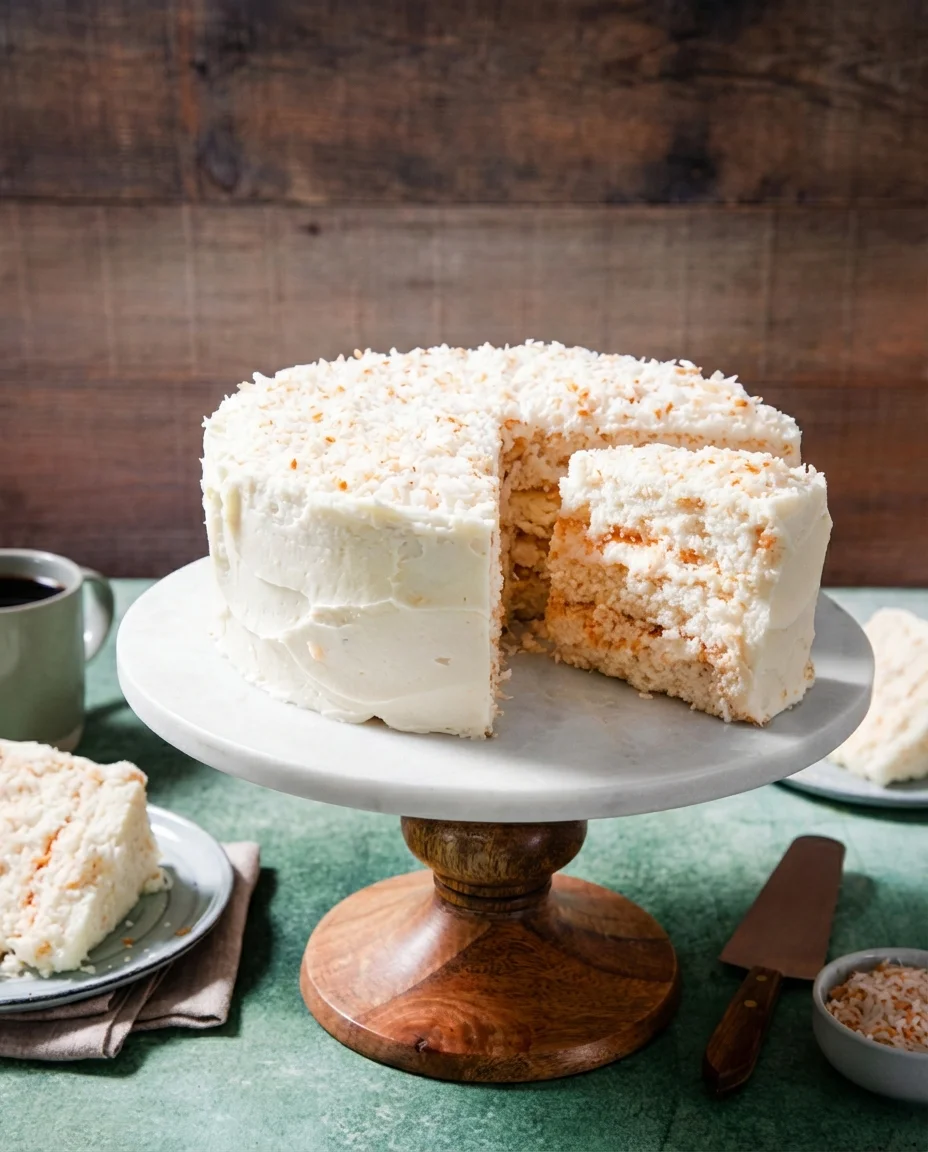 White frosted coconut cake on marble stand with coffee mug nearby.