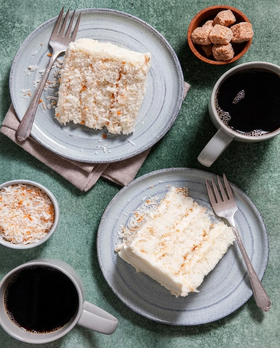 Top-down view of two coconut cake slices on blue-gray plates with forks, coffee mugs, and sugar