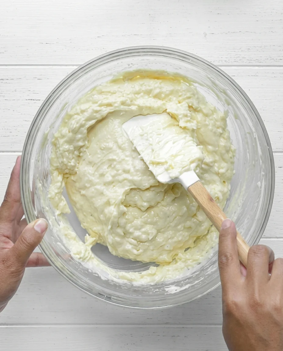 top-down view of two hands mixing pale creamy frosting in a glass bowl on a white wooden surface