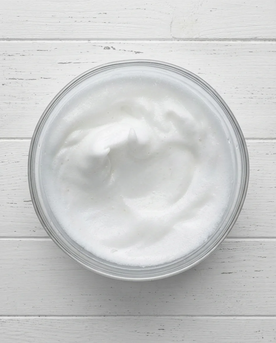 clear glass bowl of glossy whipped cream on white wooden surface