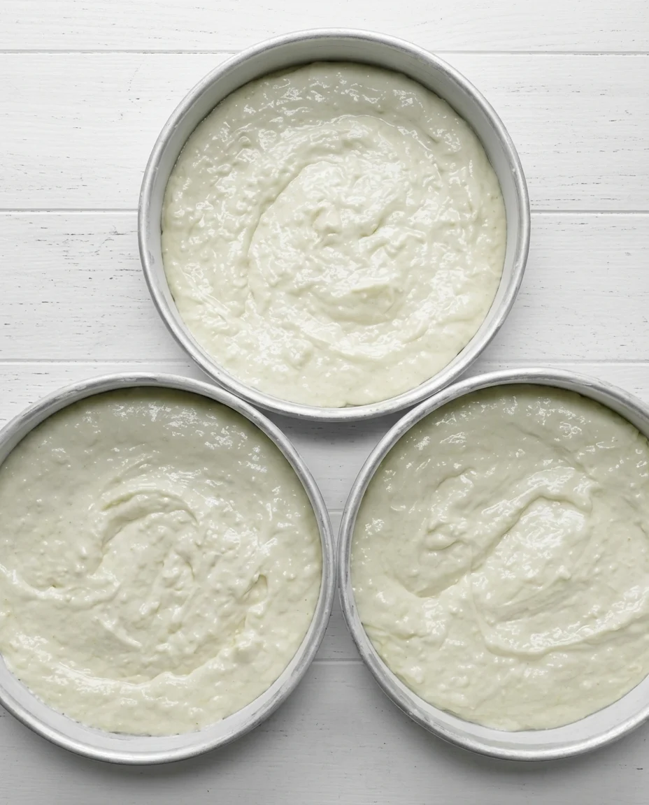 Three round cake pans filled with smooth white cream batter on a white wooden surface.