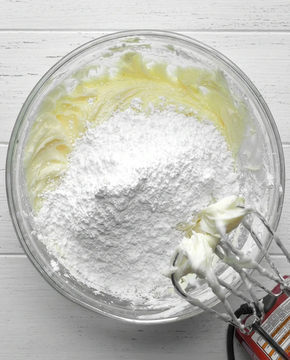 Top-down view of glass bowl with yellow batter, flour on top, and a red hand mixer.