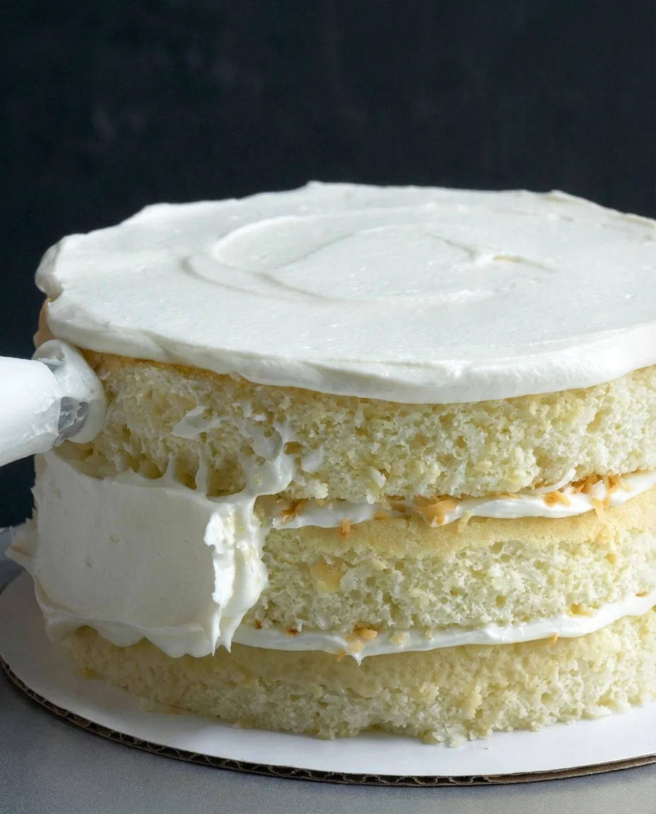 Close-up of a three-layer vanilla cake with white buttercream between layers and a piping bag in view.