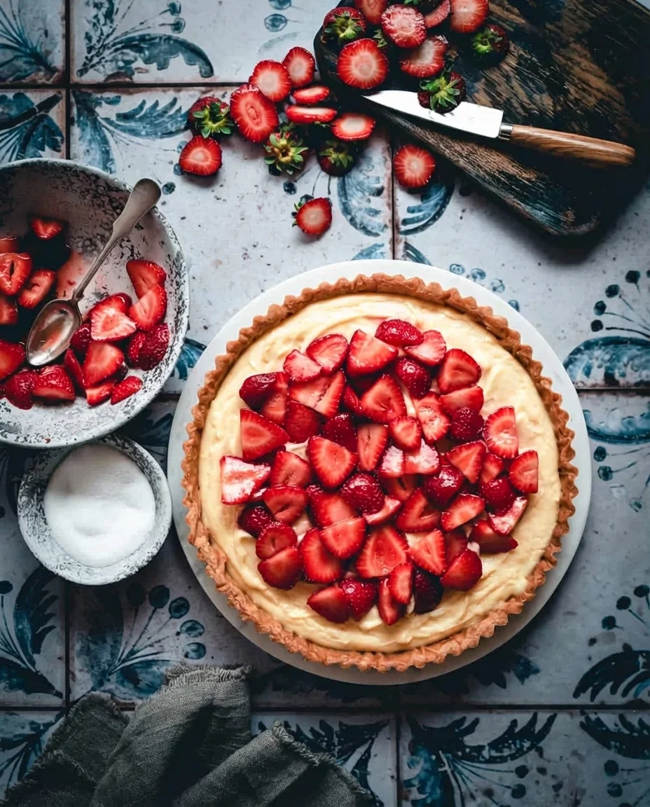 Delicious French strawberry tart topped with fresh strawberries and creamy filling.
