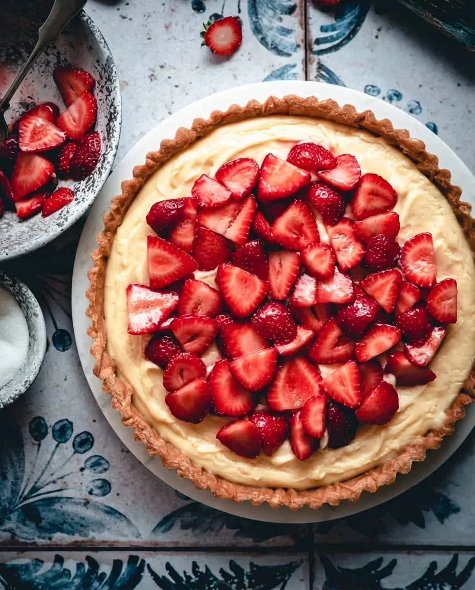 A delicious French strawberry tart topped with fresh strawberries on a white plate.