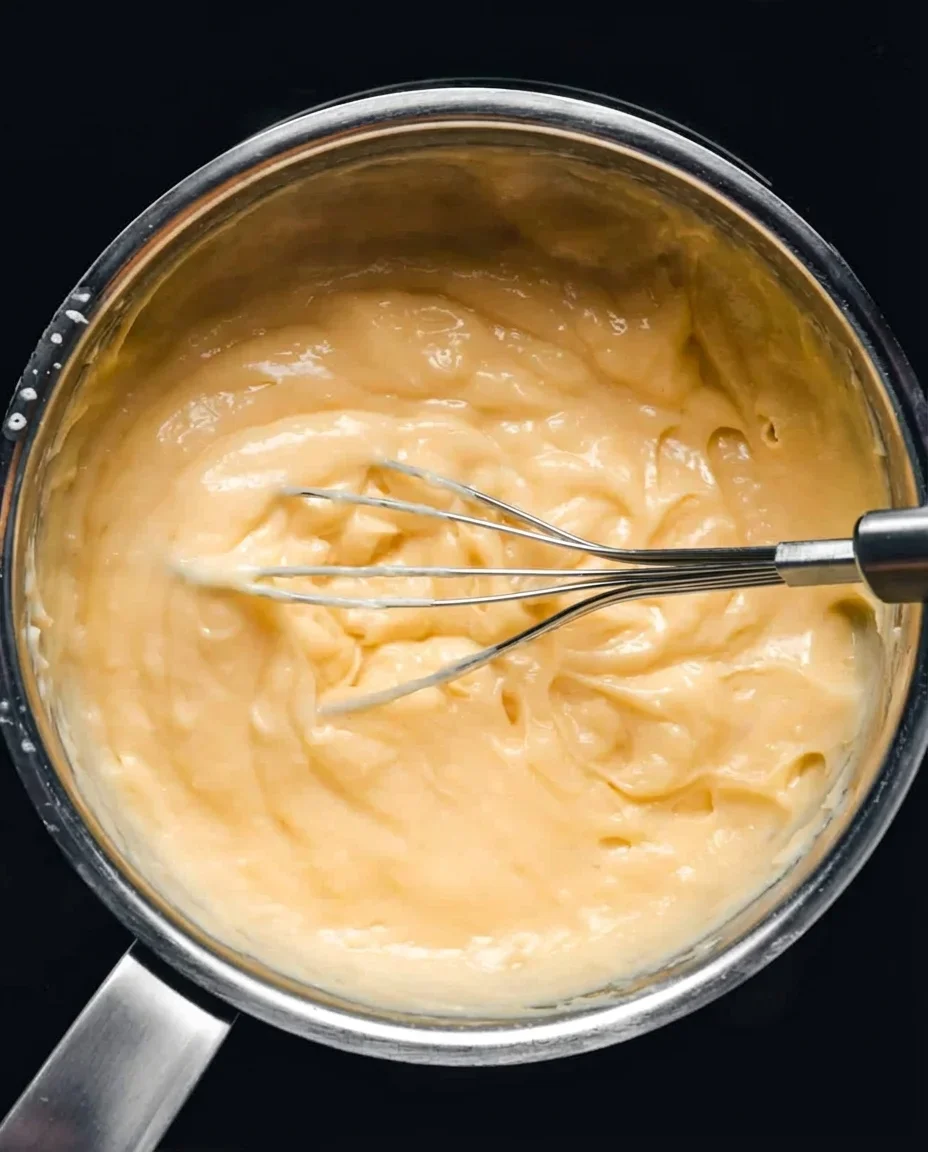 Close-up of smooth vanilla crème pâtissière in a mixing bowl ready for assembly.