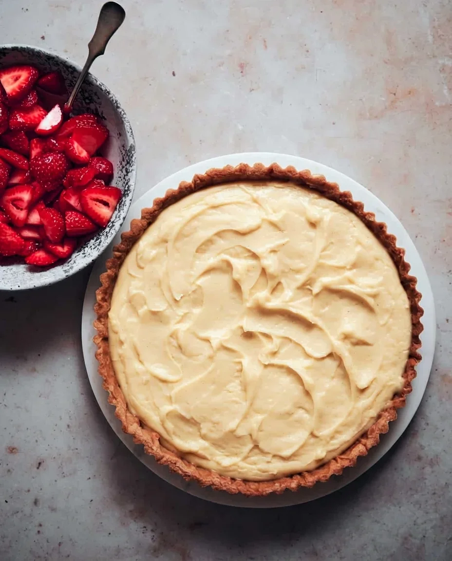 A luscious strawberry tart with a buttery crust and creamy vanilla filling topped with fresh strawberries