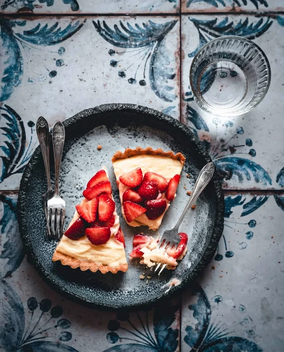 A delicious slice of French strawberry tart with strawberries and creamy filling on a black plate.
