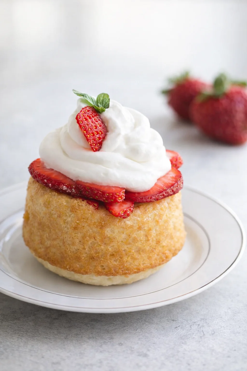 Close-up of a fresh strawberry shortcake with whipped cream and strawberries on top