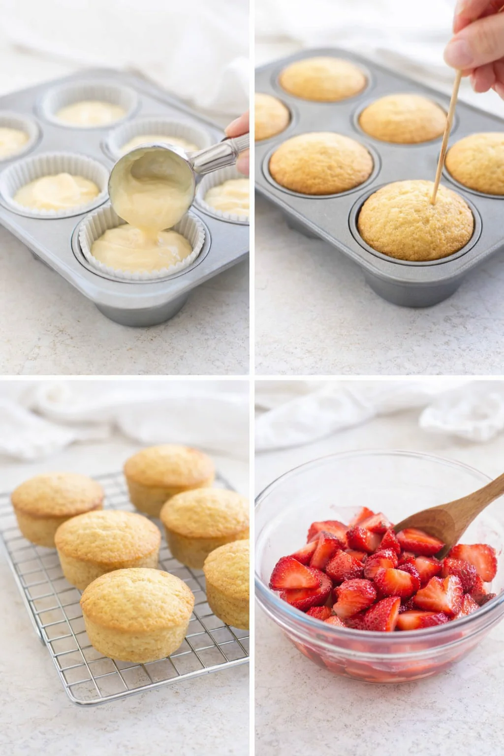 Step-by-step images of baking shortcakes, filling with strawberries, and topping with whipped cream