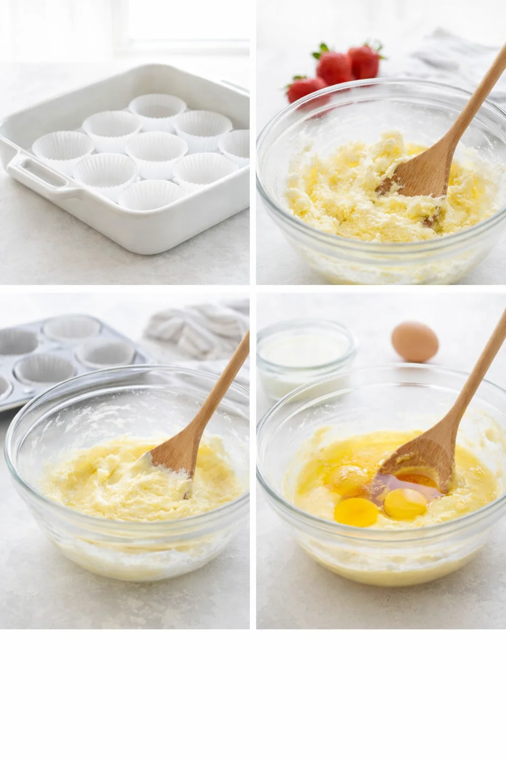 Step-by-step images of making strawberry shortcake with baking and mixing process