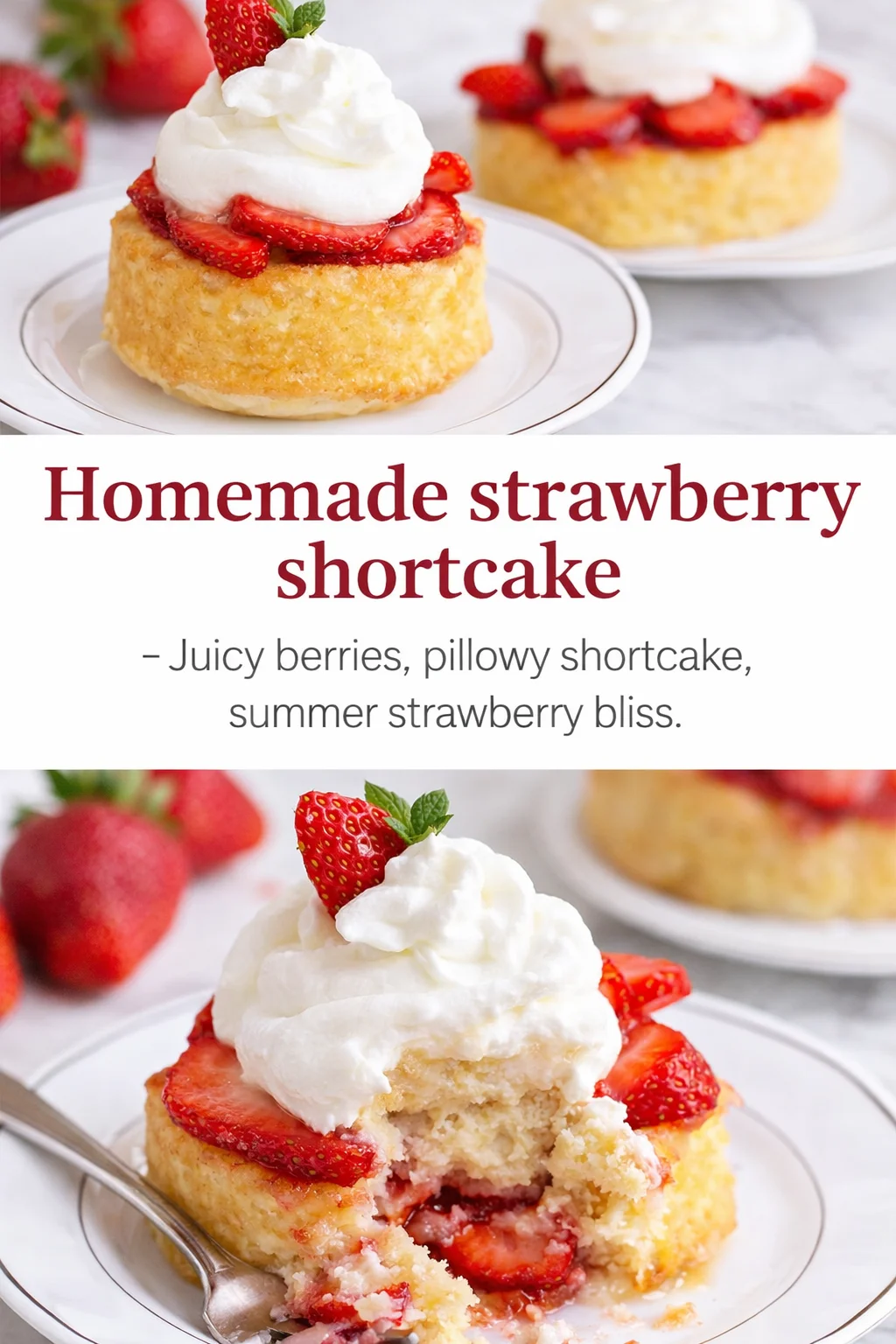 Delicious homemade strawberry shortcake topped with fresh strawberries and whipped cream.