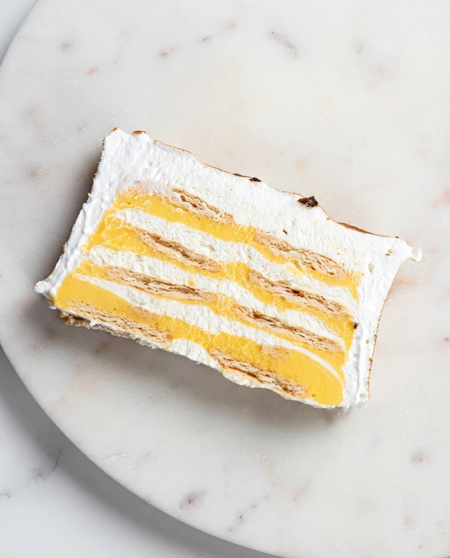 Slice of Lemon Meringue Icebox Cake with layers of lemon curd, whipped cream, and toasted meringue