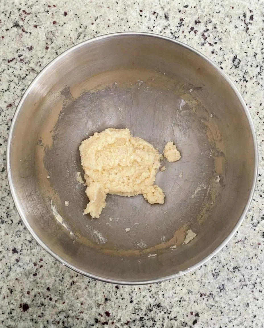 a large stainless steel mixing bowl with a pale crumbly dough lump in the center on a speckled countertop