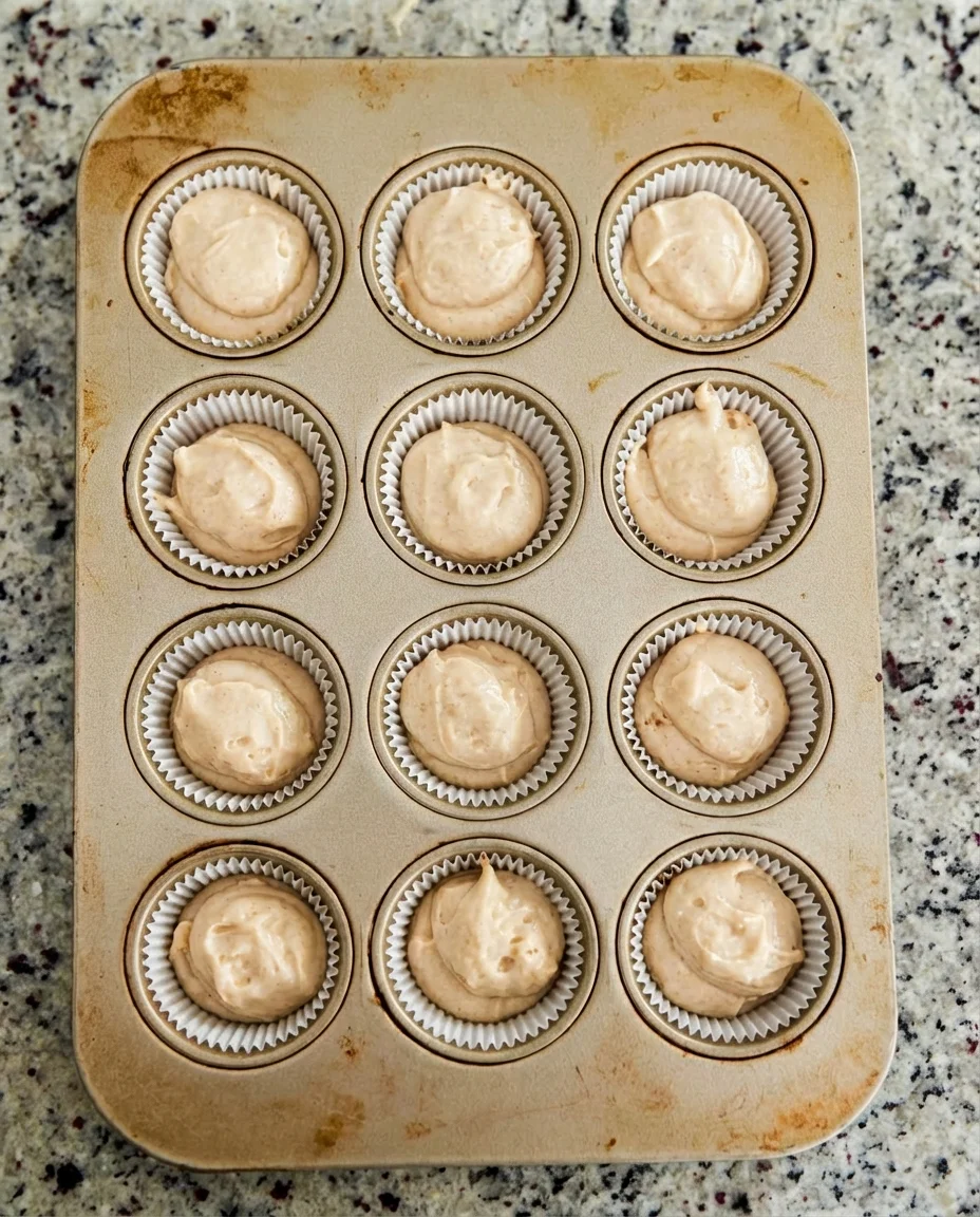 Twelve batter-filled muffin cups in white liners on a granite counter, viewed from above.