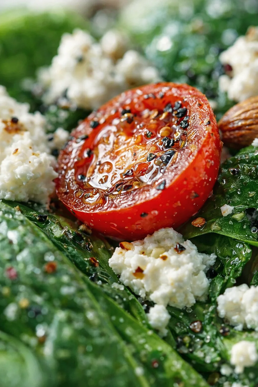 Close-up of a roasted tomato half atop greens, topped with crumbled white cheese and seeds.