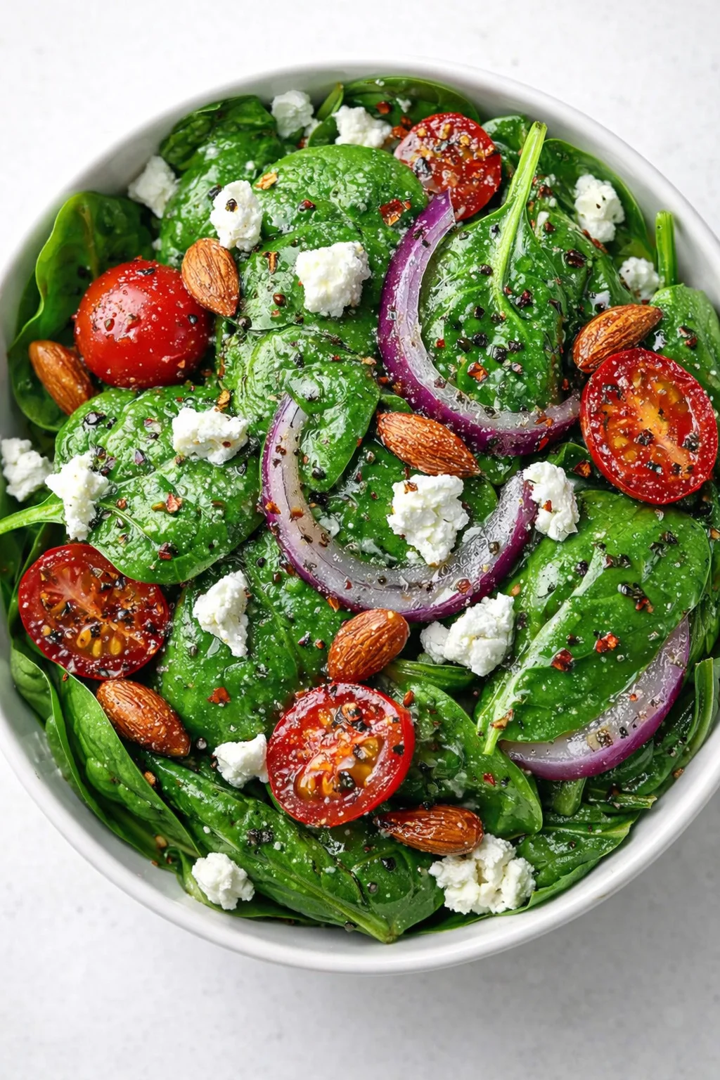 Bright spinach salad with cherry tomatoes, red onion, feta, almonds in a white bowl.