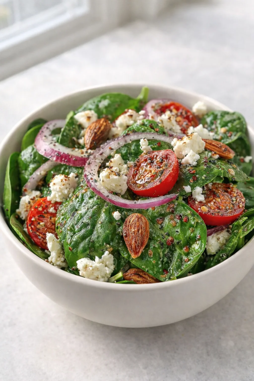 white bowl filled with fresh spinach leaves, cherry tomatoes, red onion, feta, and almonds.