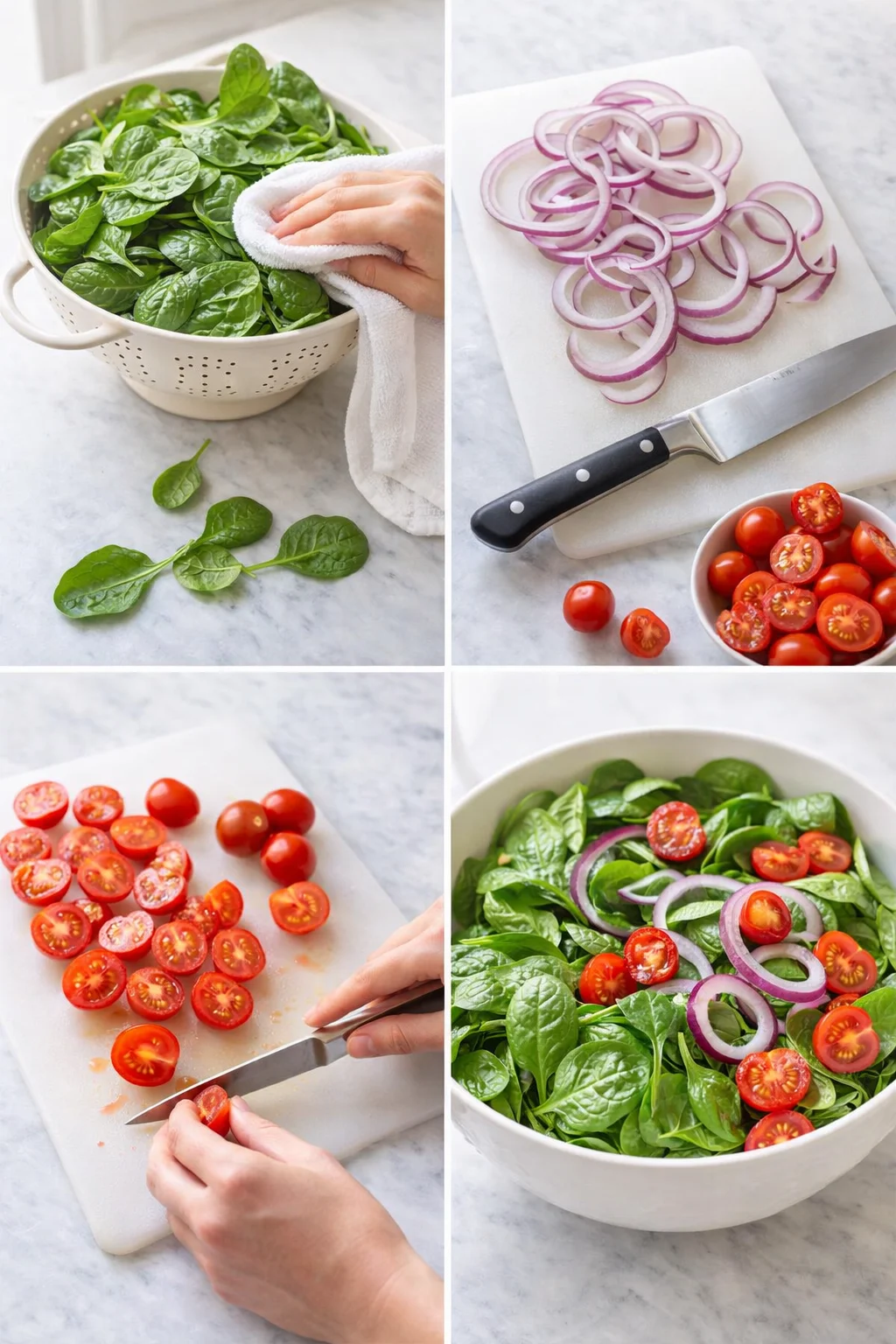 collage showing spinach being washed, onion slices on a cutting board, halved cherry tomatoes, and a mixed salad.