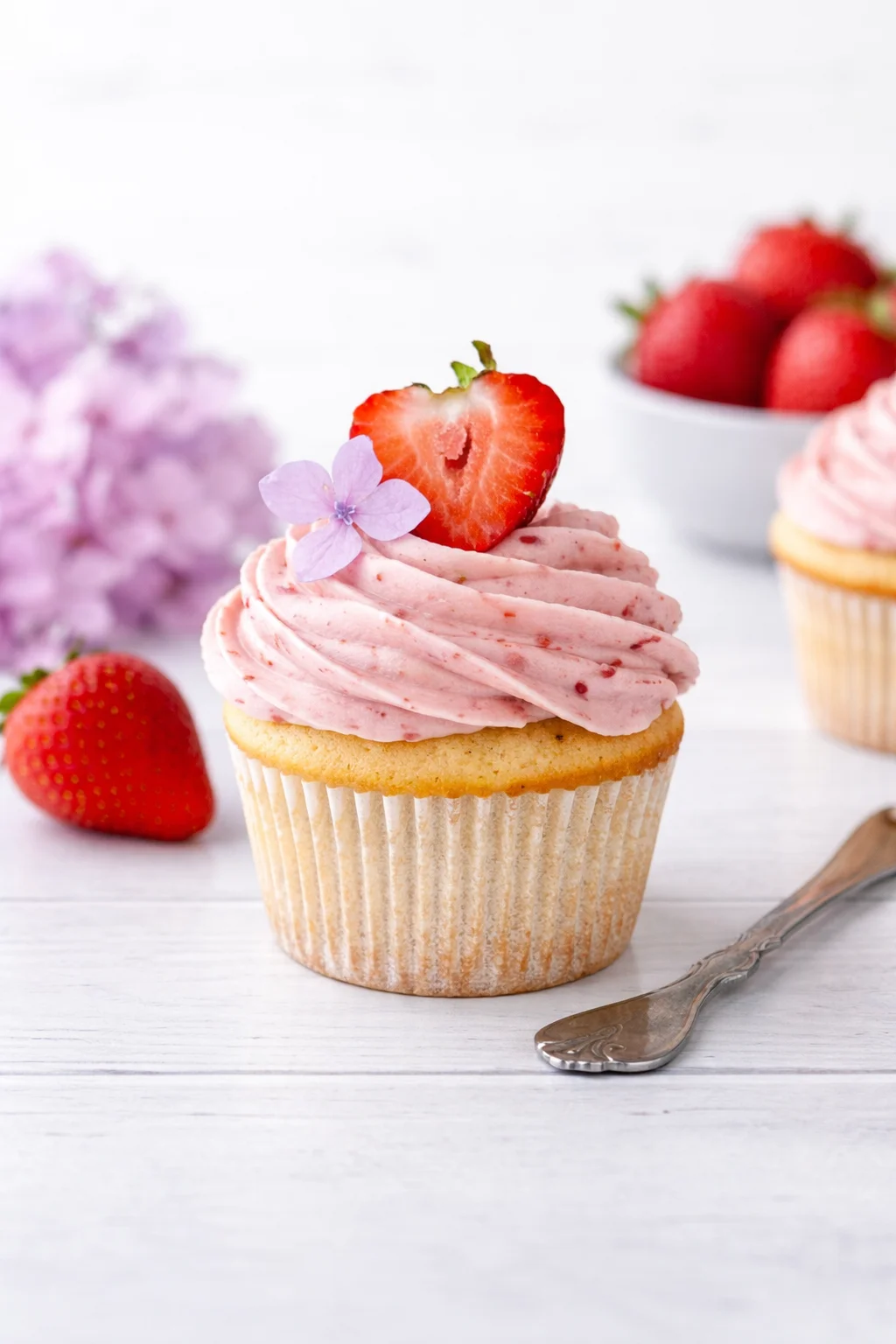 Delicious cupcakes topped with pink frosting and fresh strawberries garnish