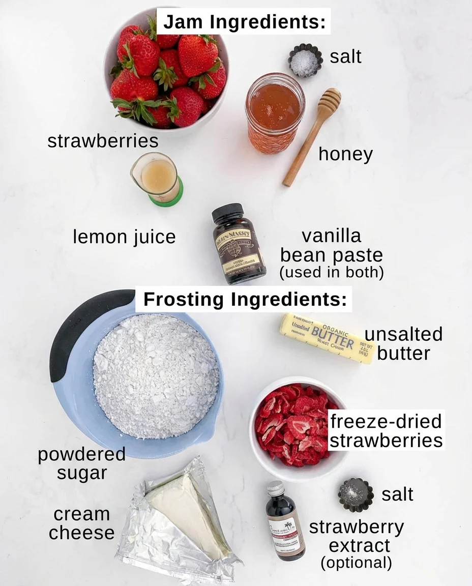 top-down flat lay of jam and frosting ingredients with labeled text on a white background