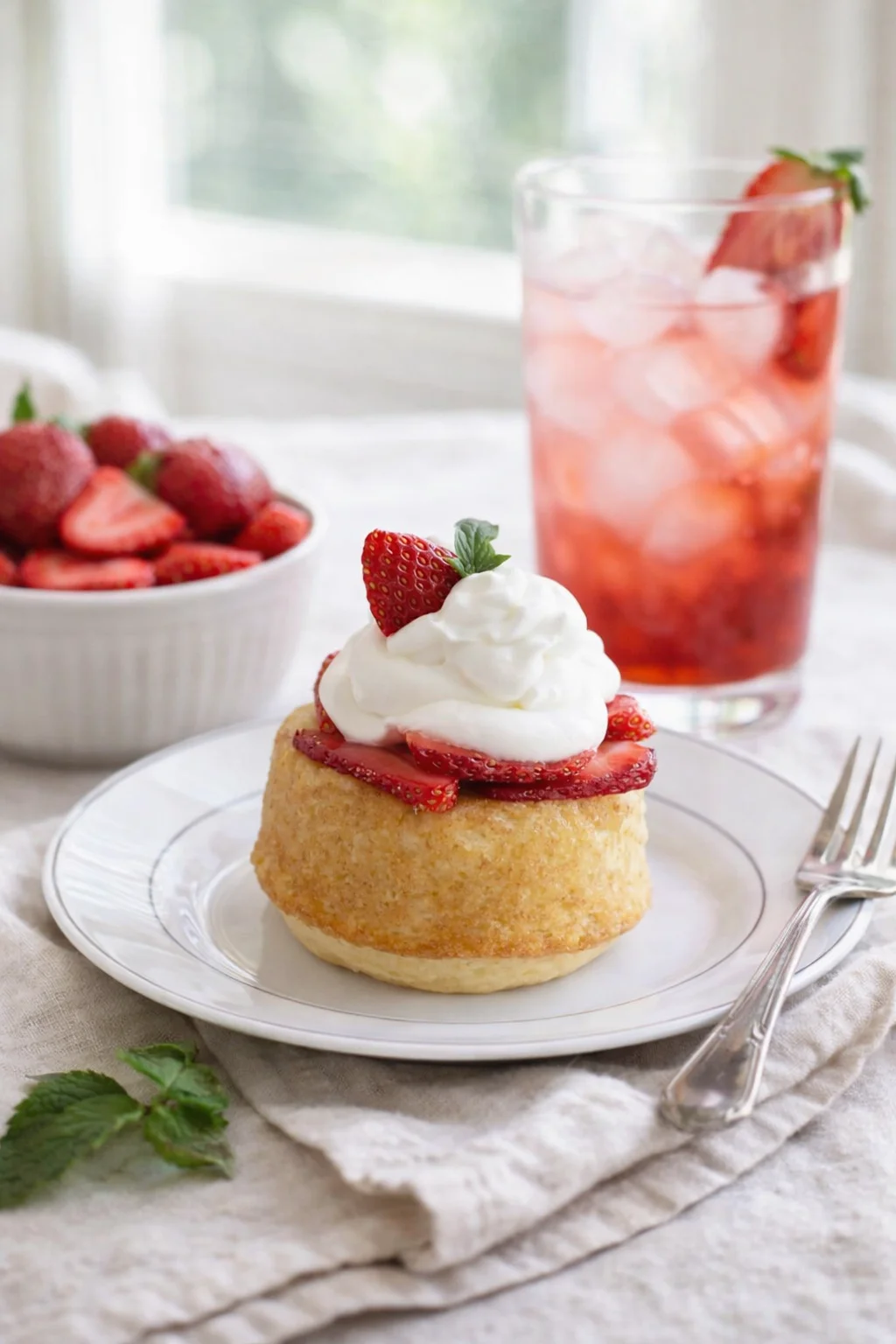 Delicious homemade strawberry shortcake topped with whipped cream and fresh strawberries
