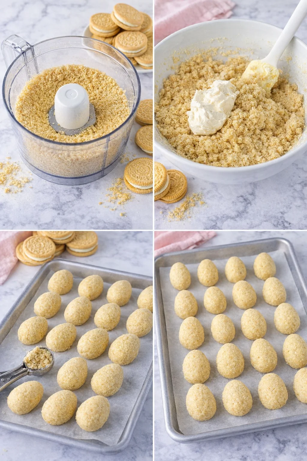 Crushed Golden Oreos mixed with cream cheese, rolled into small egg shapes on a tray chilling.