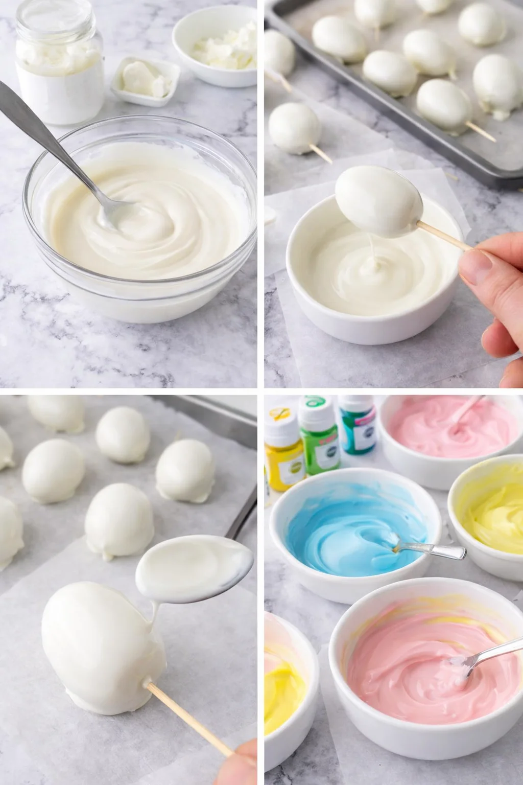 Chilled eggs on toothpicks being dipped into melted white coating, bowls of tinted pastel coatings.