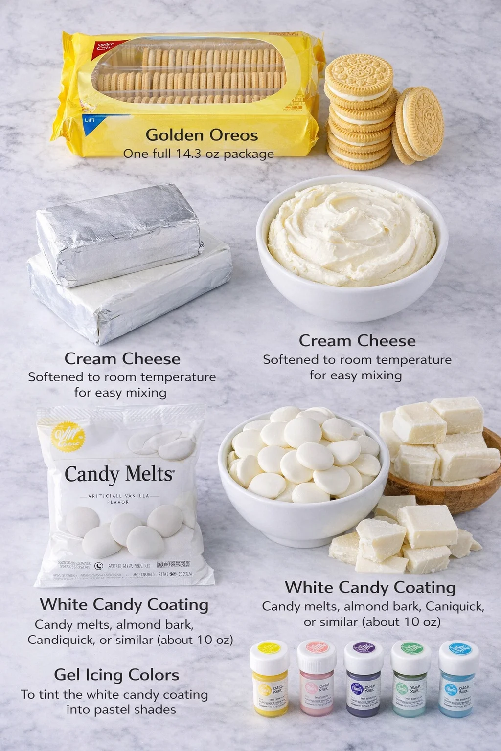 Measured ingredients arranged for Easter Egg Oreo Cookie Balls: Golden Oreos: One full 14.3 oz package., Cream cheese: softened to room temperature for easy mixing., White candy coating: Use Wilton candy melts, almond ba