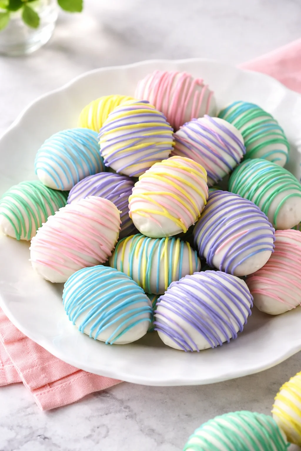 Final plated Easter Egg Oreo Cookie Balls served as a hero shot