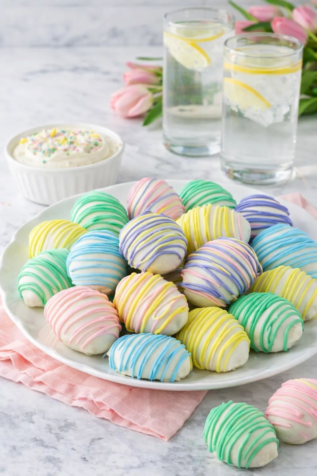 Alternative angle of Easter Egg Oreo Cookie Balls served with a pairing