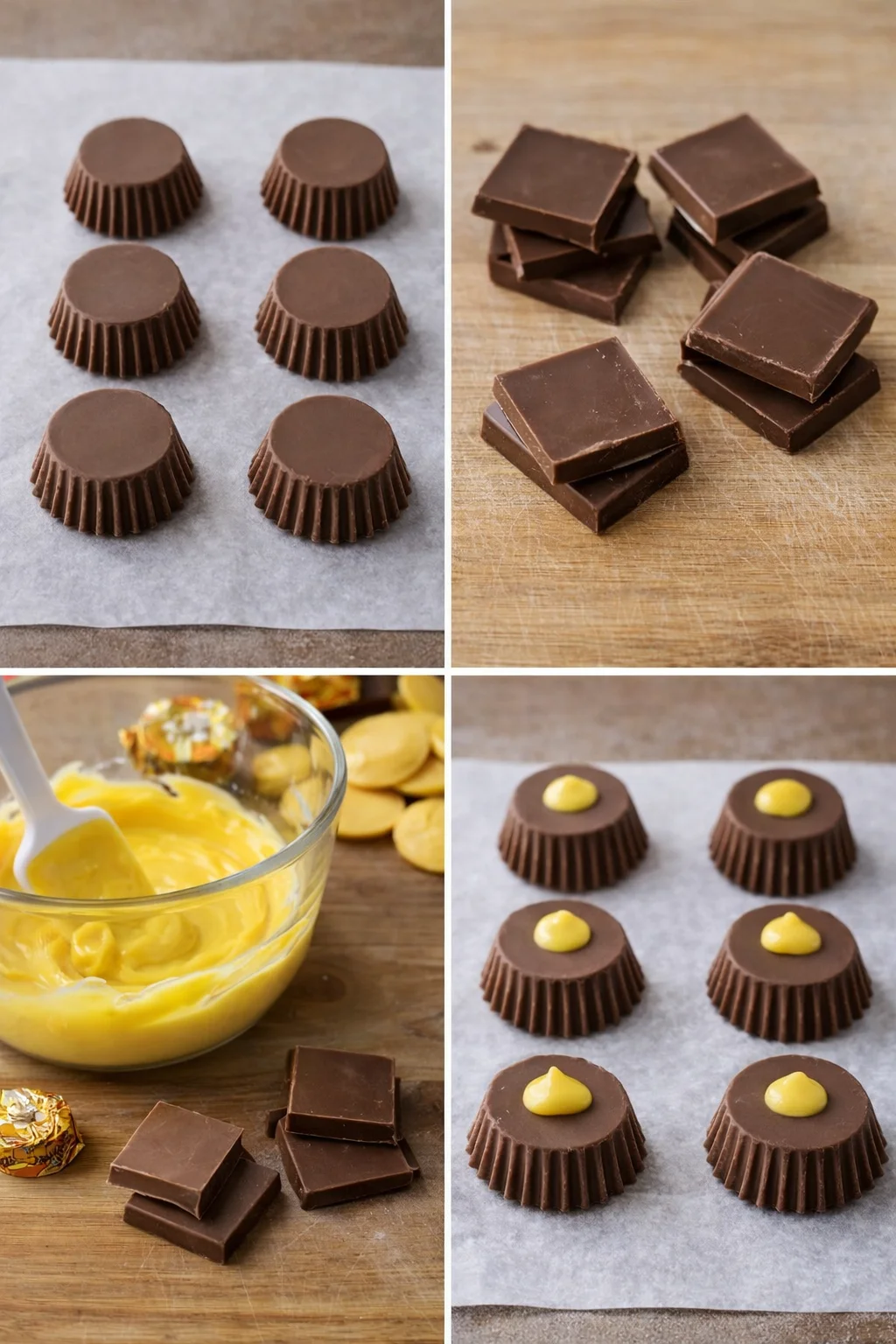 Upside-down unwrapped peanut butter cups on parchment, chocolate squares nearby, dab of melted candy on top.