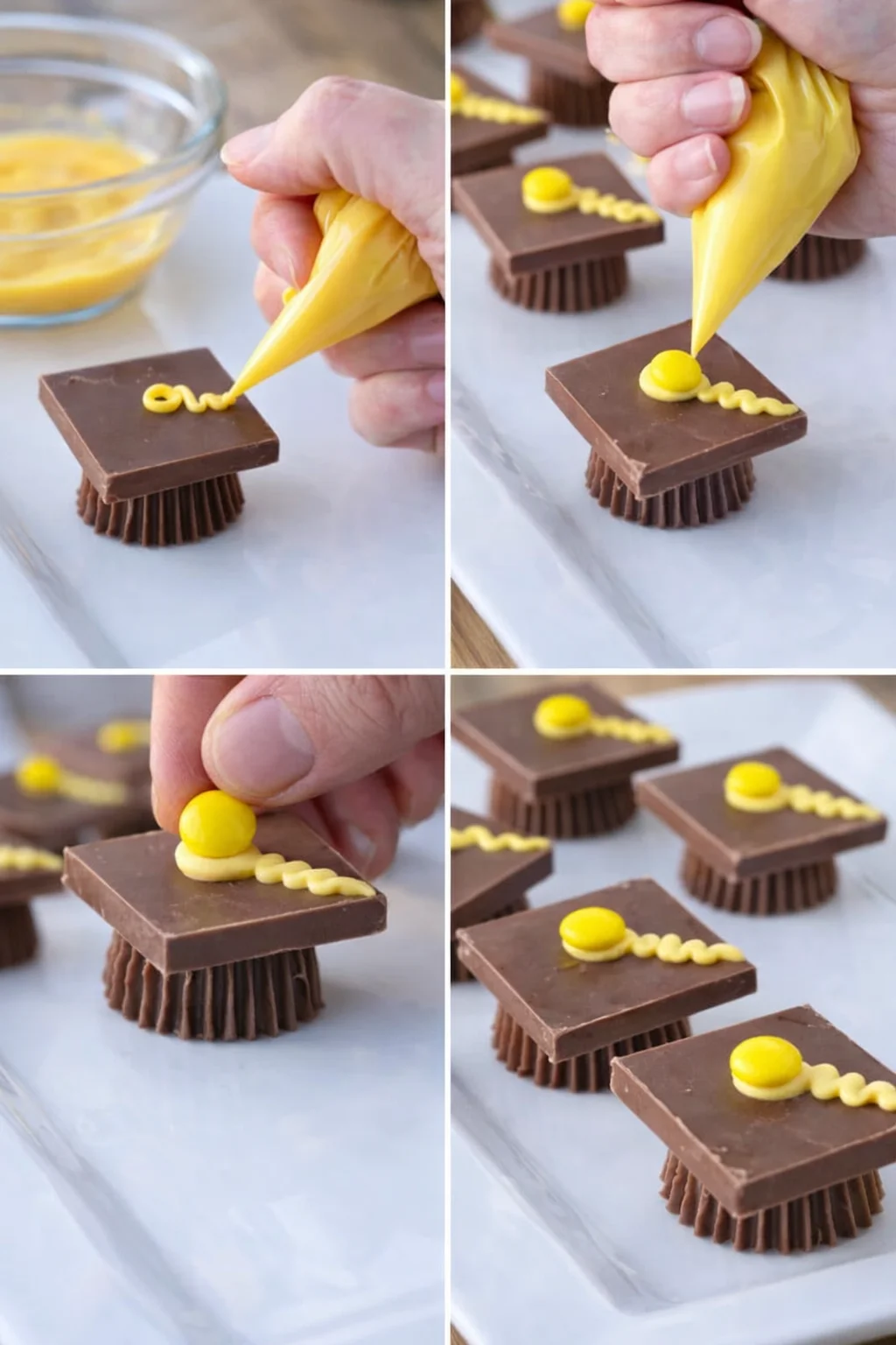 Piping bag snipped to pipe tassel swirls onto chocolate squares, placing candy centers on each.