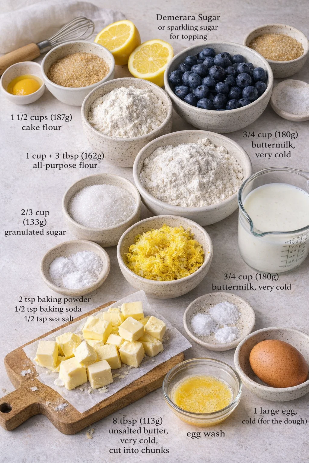 Measured ingredients arranged for Foolproof Moist Lemon Blueberry Scones (Step-by-Step Photos): 1 1/2 cups (187 g) cake flour, 1 cup + 3 tablespoons (162 g) all-purpose flour, 2/3 cup (133 g) granulated sugar, 2 generous