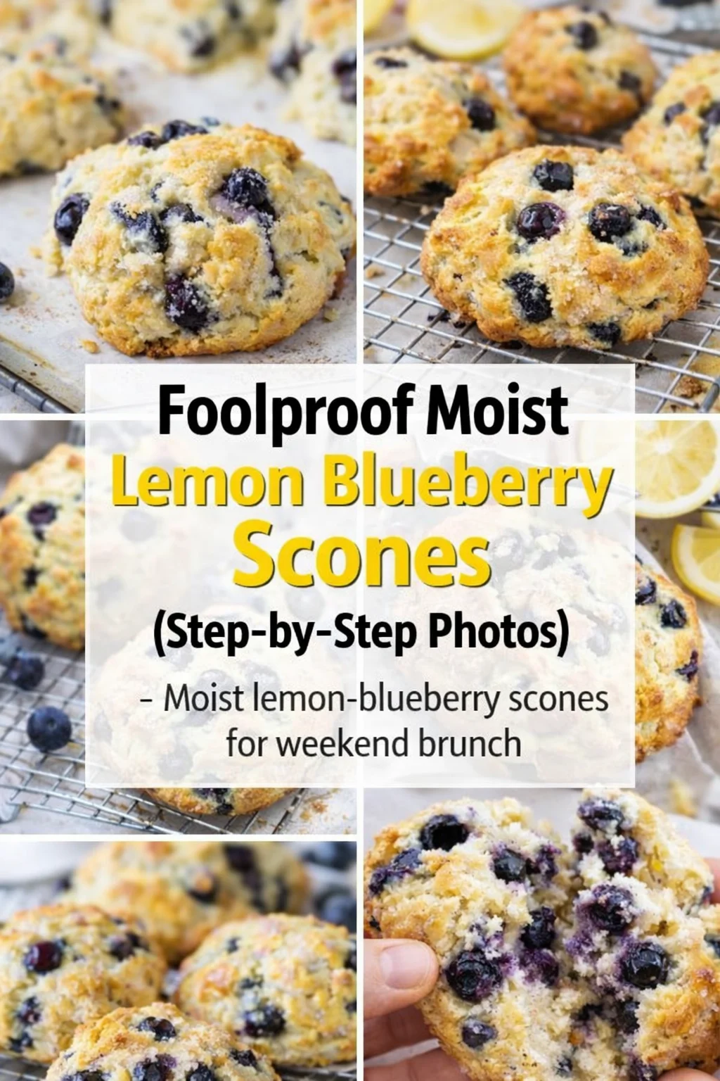 Pinterest-style image for Foolproof Moist Lemon Blueberry Scones (Step-by-Step Photos) with centered text overlay