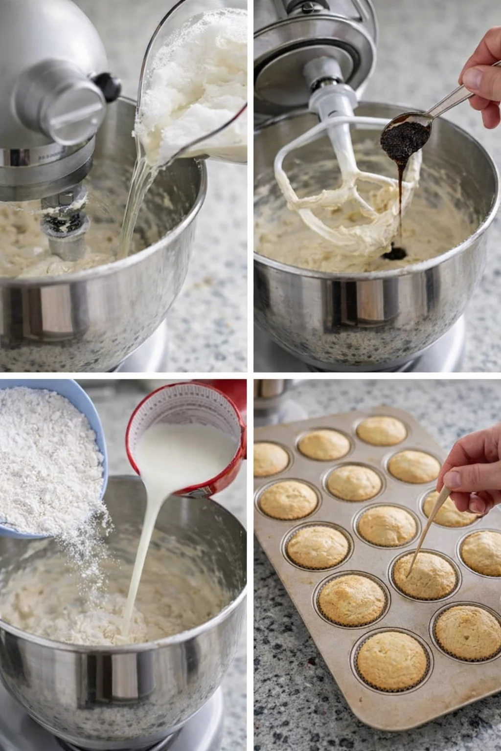 Spoon filling uniform cupcake liners with pale batter, ready for baking