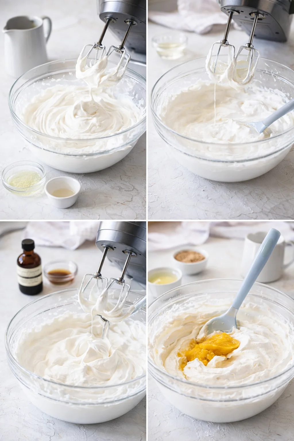 Whisked cream showing medium-soft peaks as cooled gelatin is drizzled and vanilla is folded in.