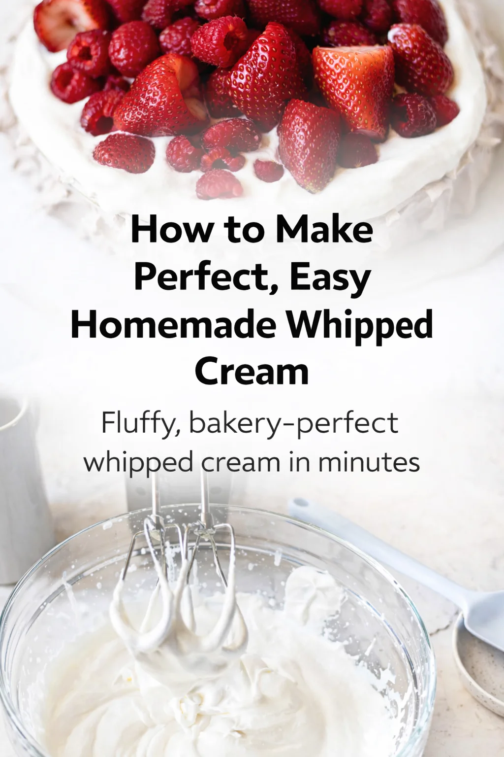 Pinterest-style image for How to Make Perfect, Easy Homemade Whipped Cream with centered text overlay