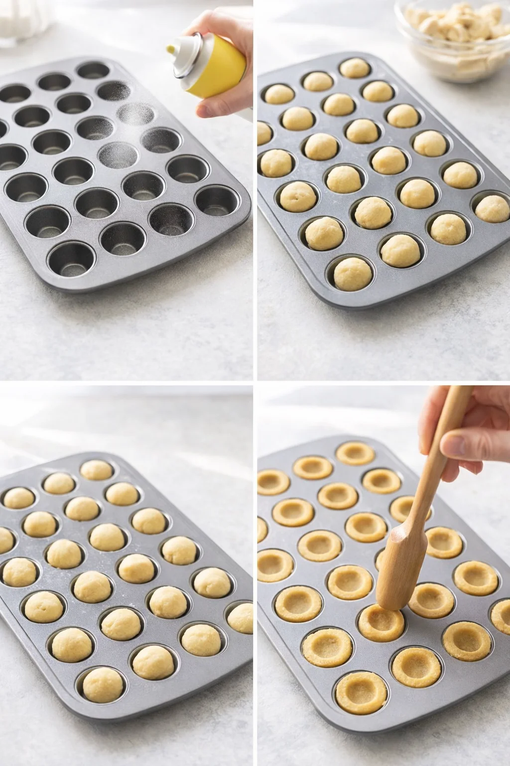 Warm golden mini cookie shells in muffin pan being indented with blunt spoon handle.