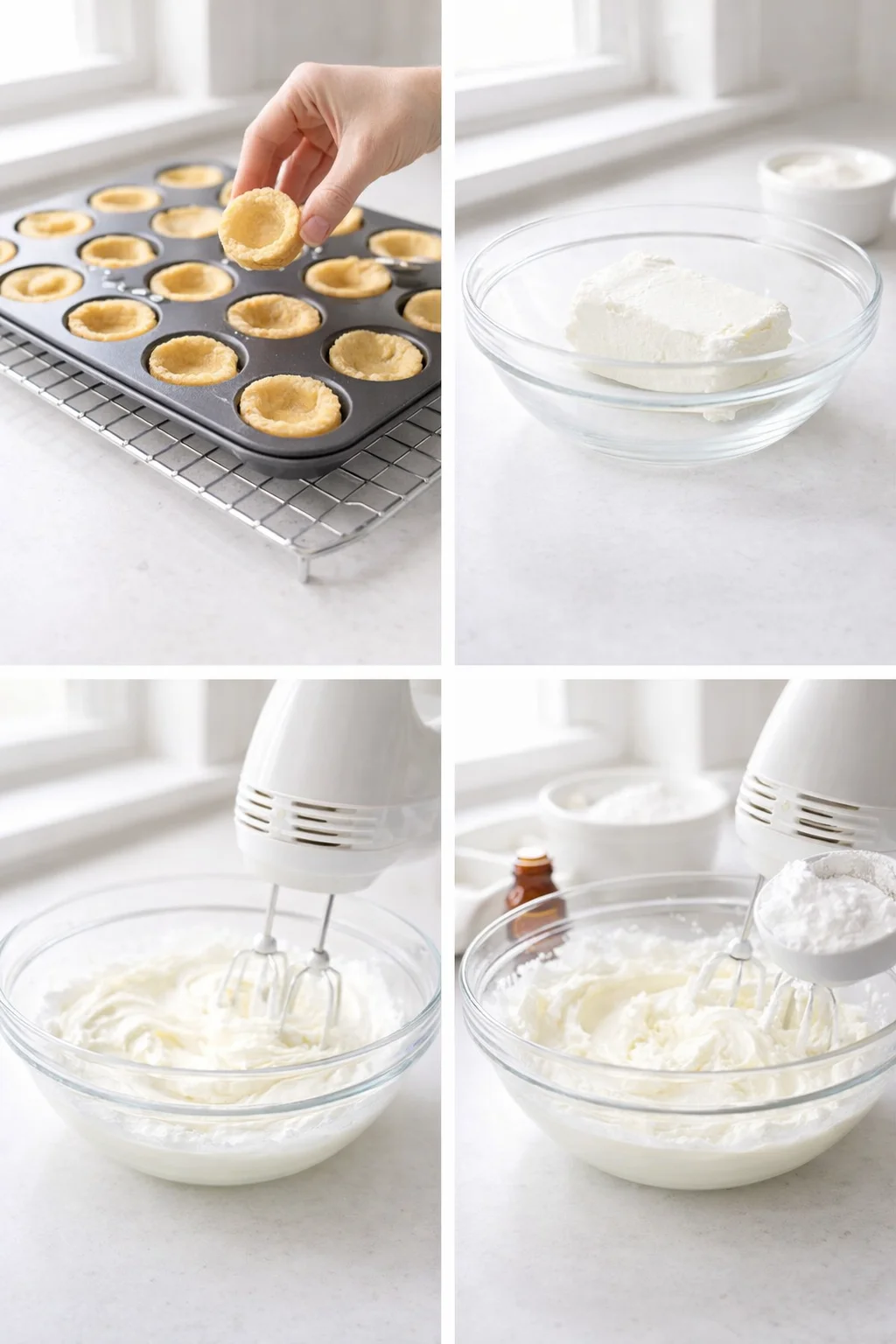 Electric mixer whipping softened cream cheese and heavy cream into smooth, creamy filling in a bowl.