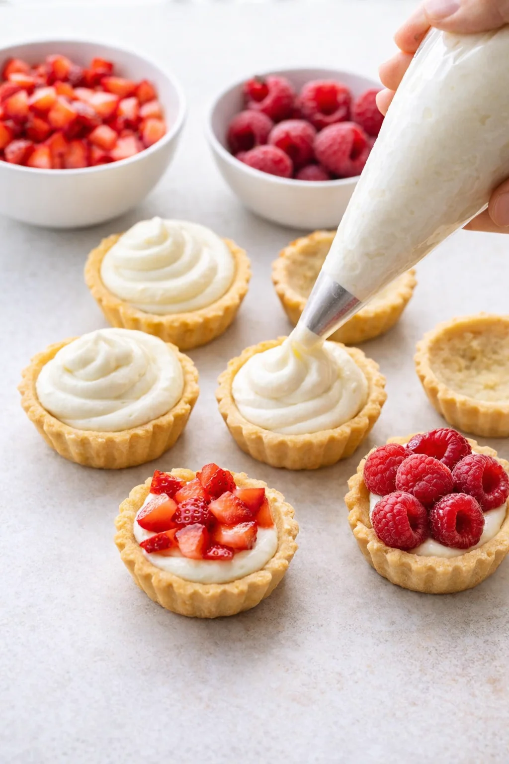 Piping bag dispensing cream cheese filling into cooled tart shells, ready to be topped with berries.