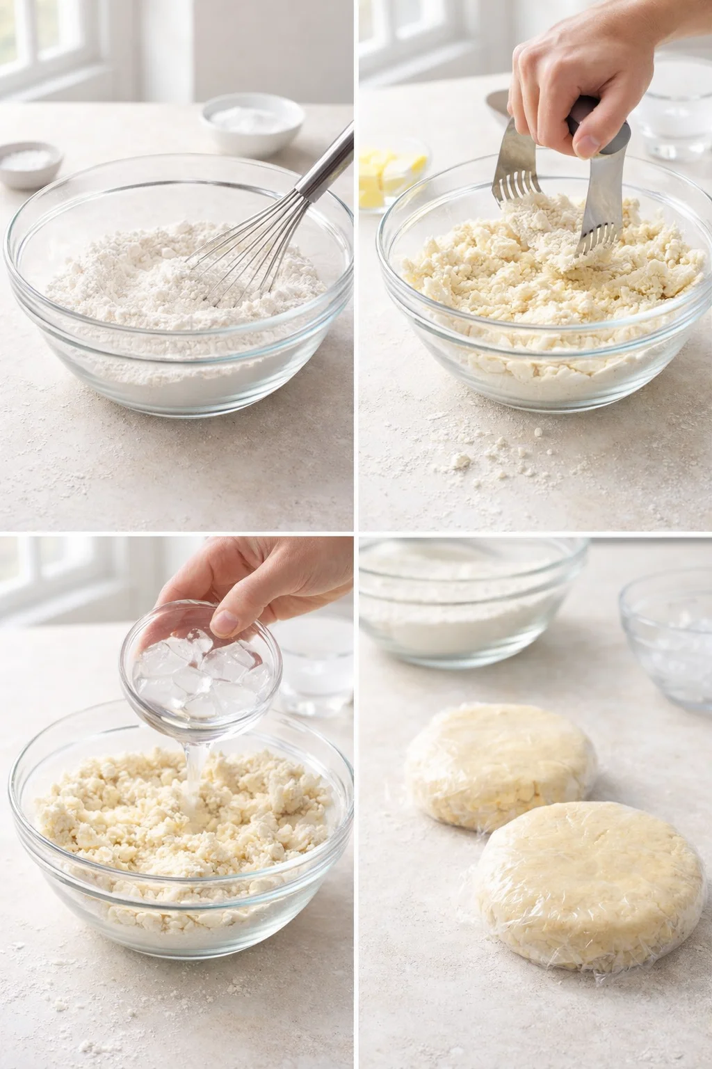 Bowl of crumbly flour-and-butter mixture plus two wrapped dough disks chilling.