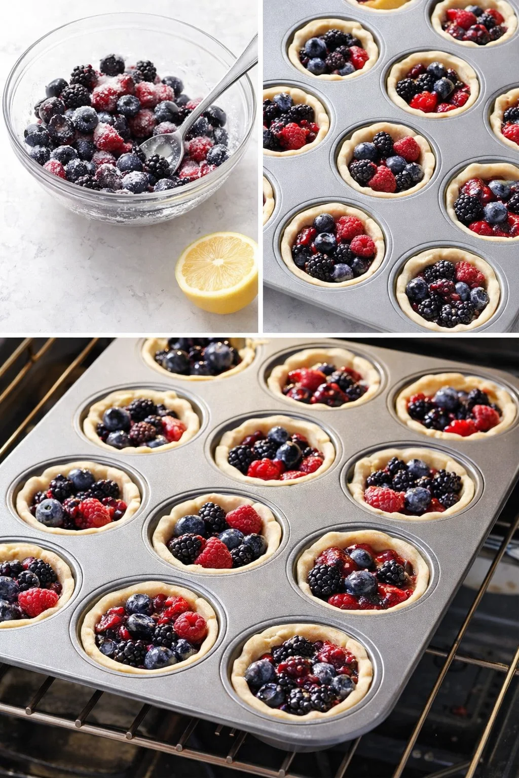 Muffin tin of berry-filled tart shells baking until crusts are golden and filling bubbles.