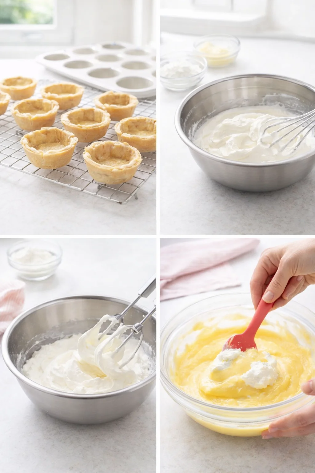 Fluffy lemon-curd mixture being folded into whipped cream in a mixing bowl.