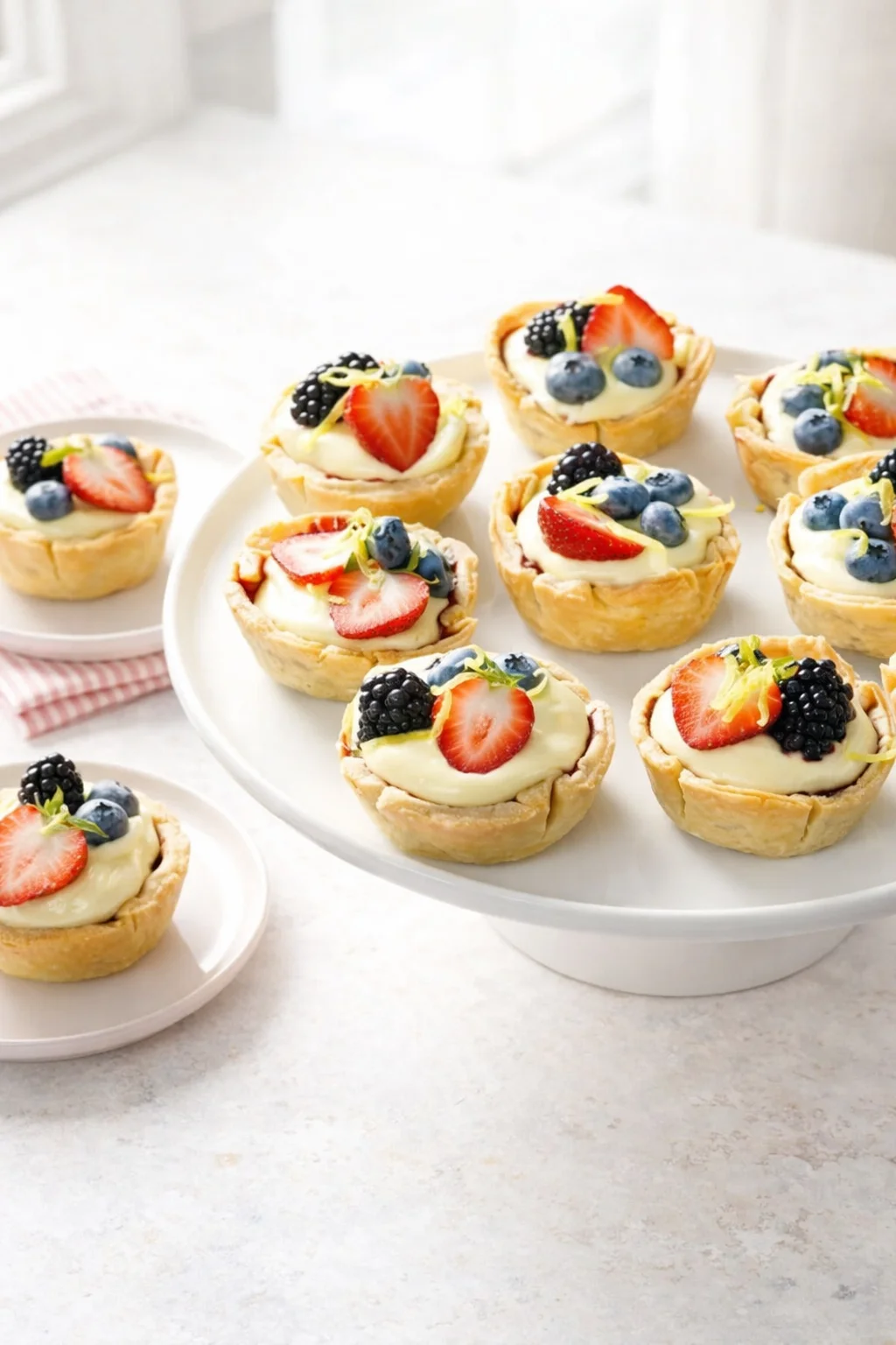 Individual tarts topped with lemon-curd whipped cream and garnished with fresh berries.